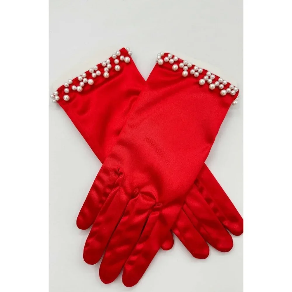 Women's Elegant Red Floral Short Lace Wrist Gloves Bridal Dinner Party Prom